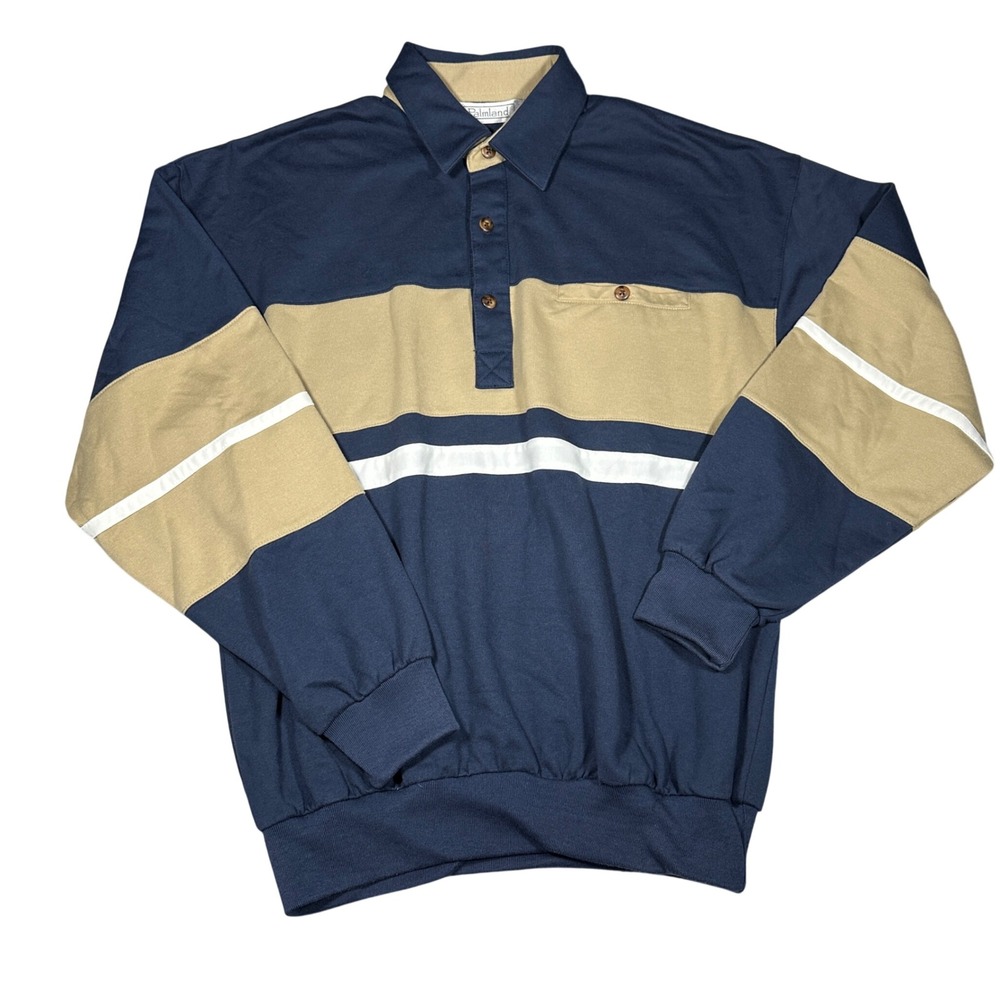 Vtg Palmland Long Sleeve Banded Bottom Polo Shirt Navy Blue Tan Colorblock M